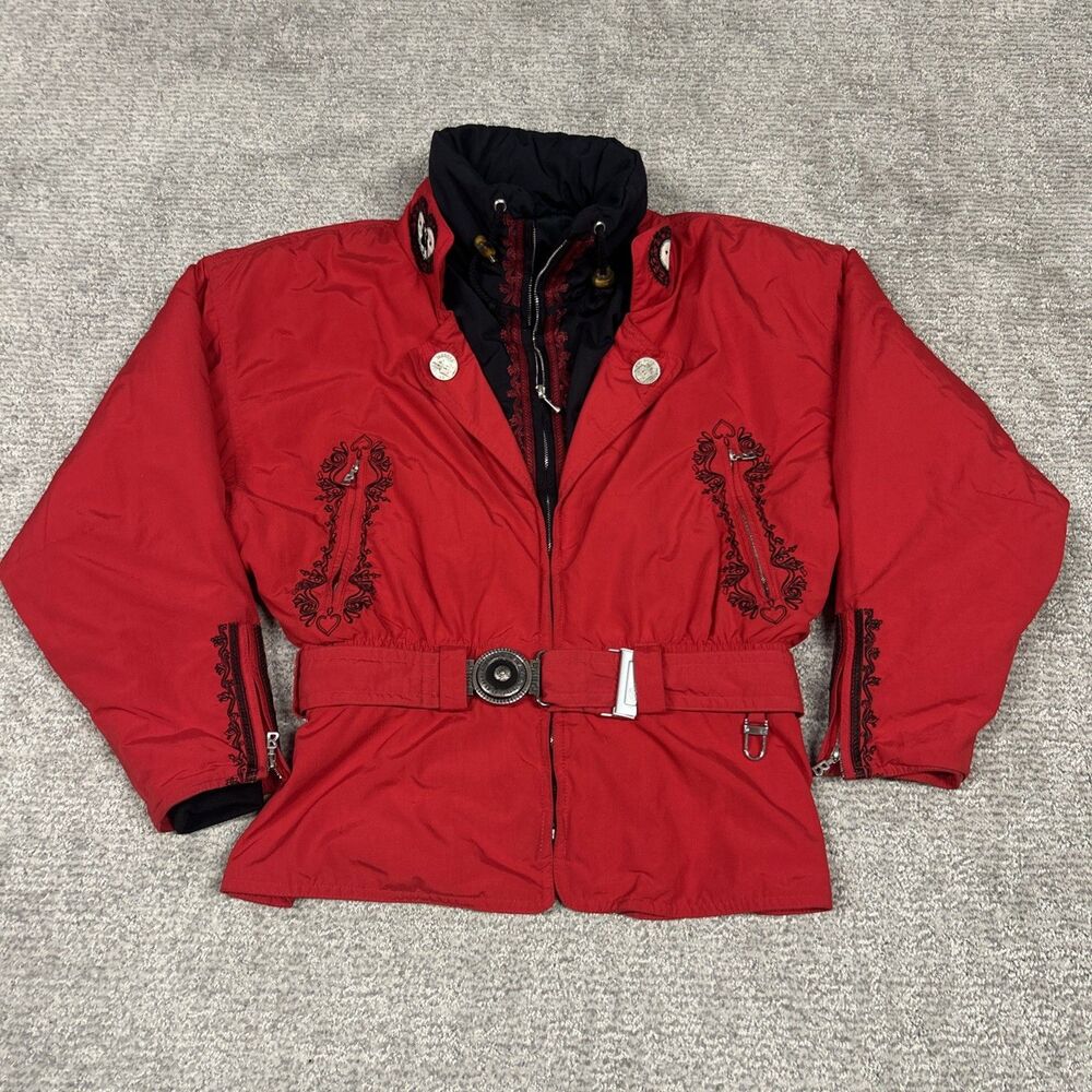 Bogner Ski Jacket Womens 10 Red Embroidered Winter Belted Coat Vintage 80 90 USA